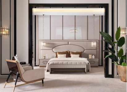 Luxury bedroom suite double bed nightstand set 5-piece beige seat
